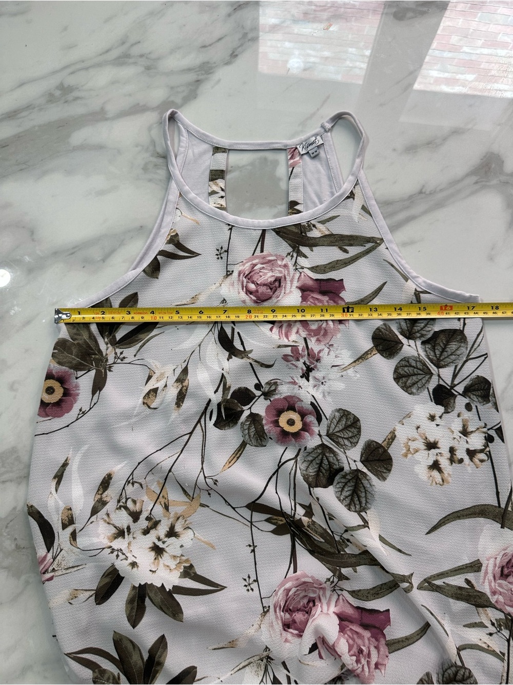 KISMET Floral Print Racerback Tank Top - White with Pink Roses Size Medium - Picture 5 of 7